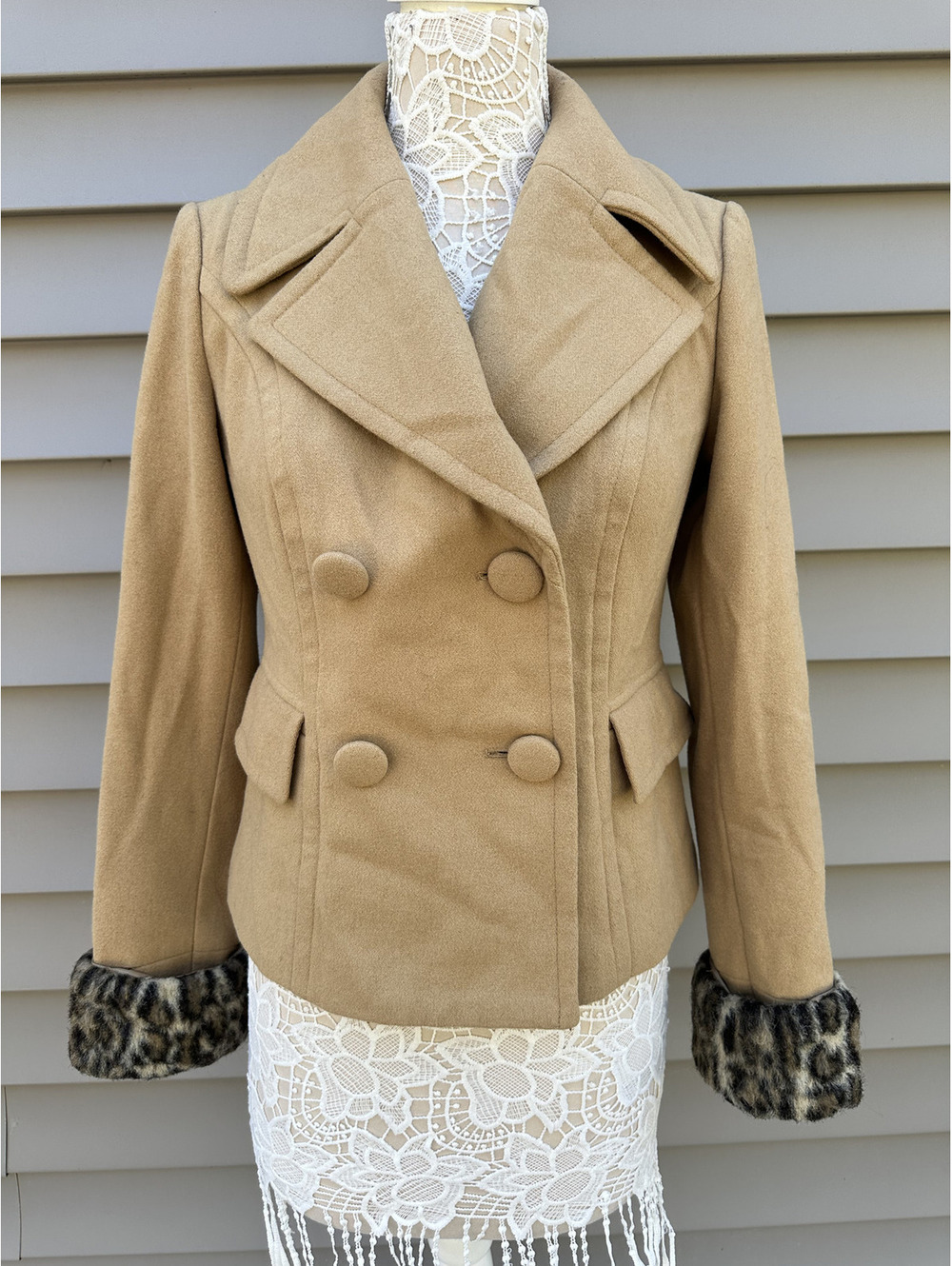 INC International Concepts Wool Blend Pea Coat with Leopard Cuffs